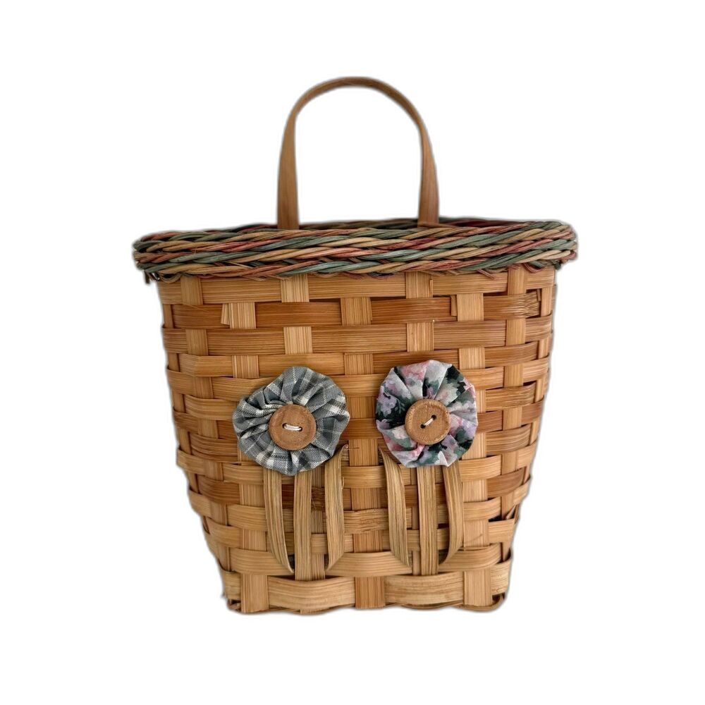 Vintage Woven Hand Made Hanging Wall Door Basket with YoYo Flowers Buttons